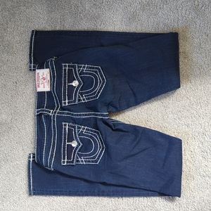 True Religion Nat Big T Skinny with Flaps Dark Blue Jeans White Stitching 27